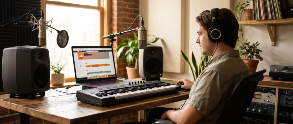 Musikproduzent im Home-Studio arbeitet mit SoundCloud – Laptop zeigt Waveforms und Track-Statistiken, umgeben von MIDI-Keyboard, Studio-Monitoren und Mikrofon