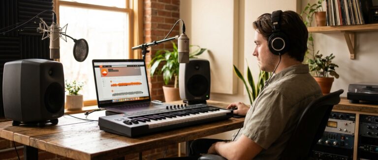 Musikproduzent im Home-Studio arbeitet mit SoundCloud – Laptop zeigt Waveforms und Track-Statistiken, umgeben von MIDI-Keyboard, Studio-Monitoren und Mikrofon