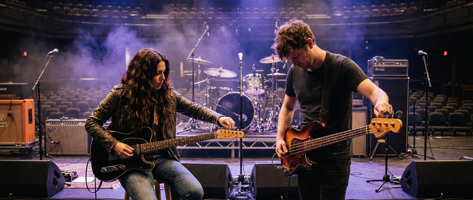 Zwei Musiker stimmen E-Gitarre und Bass beim Soundcheck vor Live-Auftritt auf Bühne mit Beleuchtung und Equipment