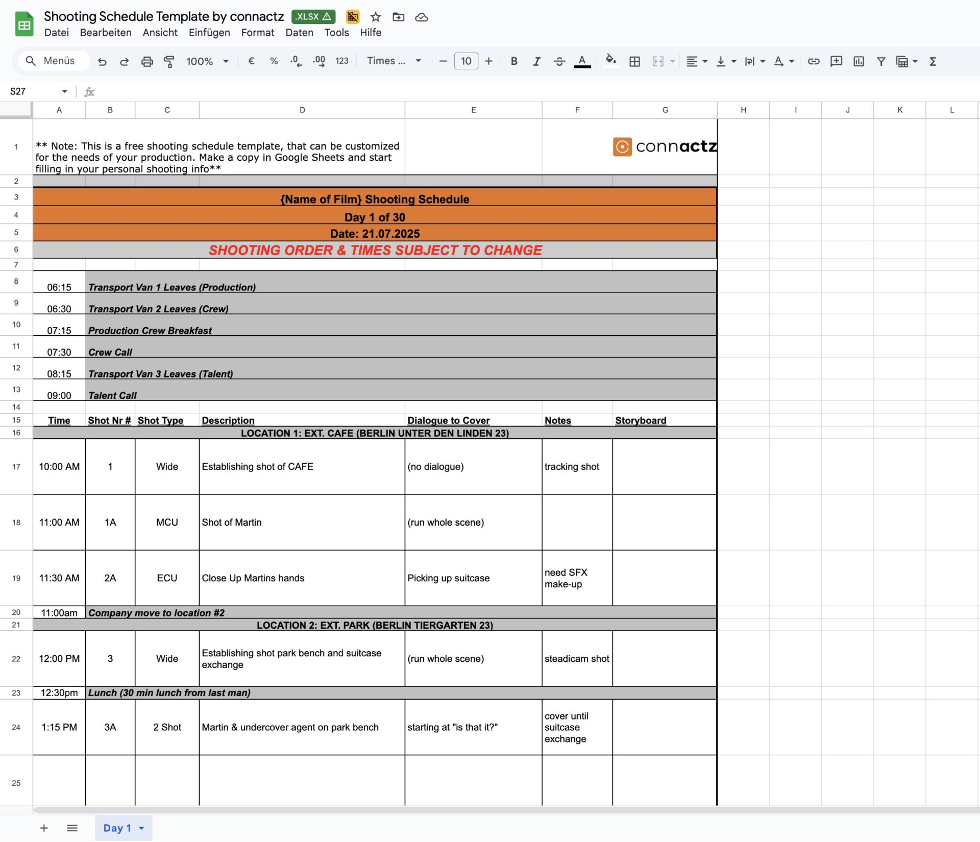 Screenshot of a film shooting schedule template in Google Sheets, showing a detailed daily plan for a film production with times, locations, and shot descriptions.