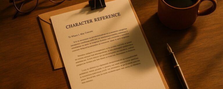 Charakter-Referenzschreiben auf einem Klemmbrett mit Füller, Brille und Kaffeetasse auf einem Holztisch.