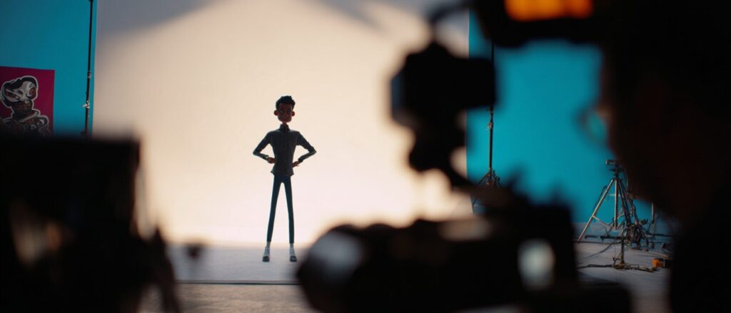 Acting in Animation Explained: Techniques, Examples, and Career Path 3 https://blog.connactz.com/wp-content/uploads/2025/09/schauspiel_animation-1.jpg Animated character on film set with cameras and lights, example of acting in animation.