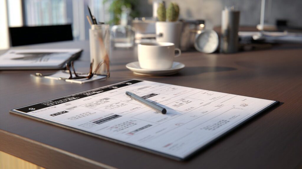 Der ultimative Drehplan Guide: Vorlagen & Tipps 4 https://blog.connactz.com/wp-content/uploads/2025/09/shooting_schedule_template.jpg Drehplan Vorlage auf einem Schreibtisch – Beispiel für einen Shooting Schedule im Film.