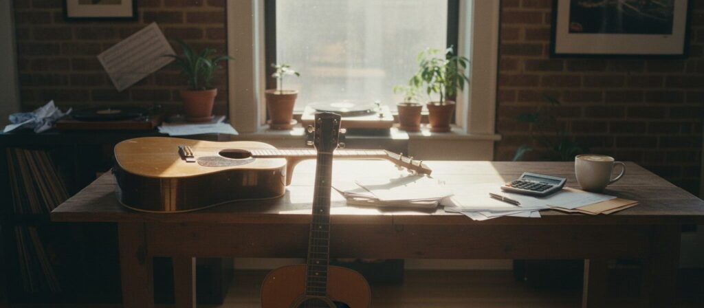 category page -musician 5 Sonnendurchfluteter Holztisch mit Gitarre, Steuerunterlagen, Taschenrechner und Kaffeetasse in einer gemütlichen Musikerwohnung in New York.