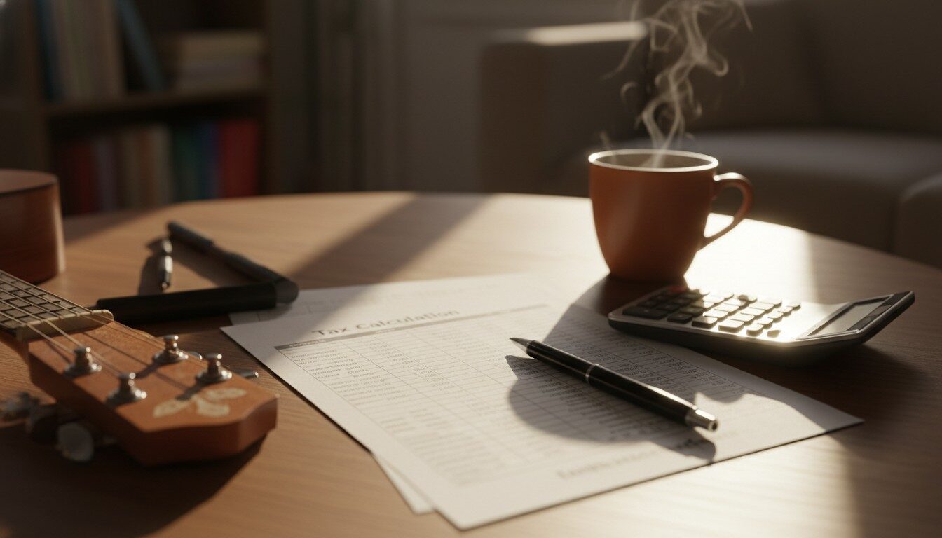 Musikinstrumente steuerlich absetzen: AFA, Nutzungsdauer & Tabelle einfach erklärt 1 https://blog.connactz.com/wp-content/uploads/2025/10/musikinstrumente_Steuer_afa_tabelle.jpg Nahaufnahme eines Steuerformulars mit Zahlen, Taschenrechner, Stift und dem Kopf einer Gitarre auf einem sonnigen Holztisch.