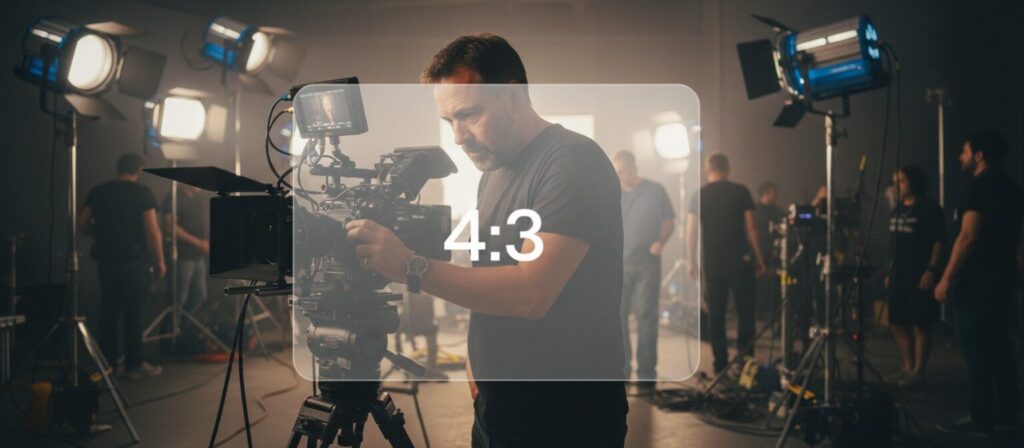 Cinematographer am Filmset mit Kamera, halbtransparente 4:3-Format-Overlay im Bildzentrum.