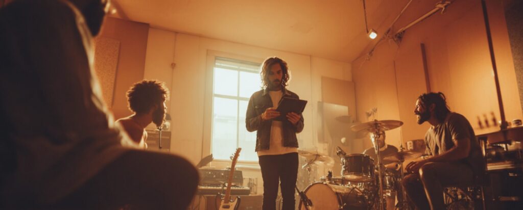 Bandleader mit Tablet organisiert Probe im Proberaum mit Bandmitgliedern, warme Lichtstimmung, professionelles Bandmanagement