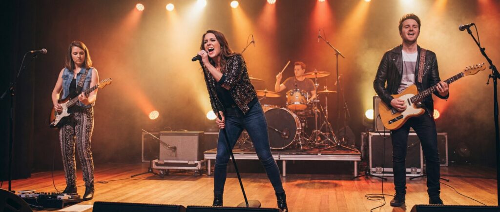 Pop Band live auf der Bühne - Sängerin am Mikrofon, Gitarristinnen und Schlagzeuger bei Konzert-Auftritt