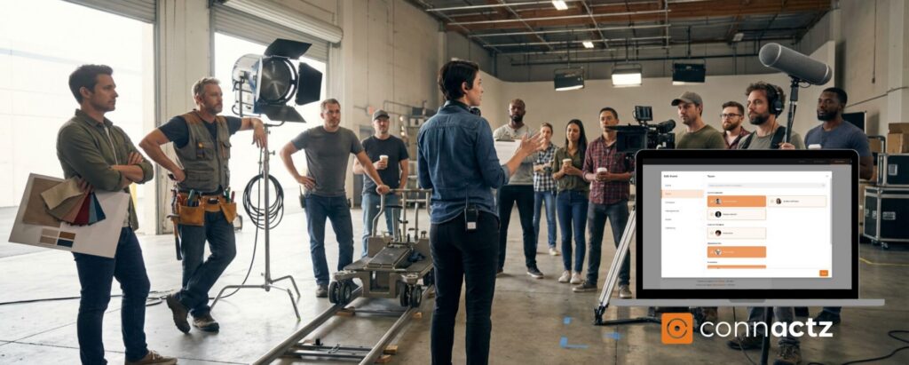 Produktionskoordinator gibt Morgenbriefing an diverse Filmcrew in Studiohalle mit Kamera-Dolly, Lichtequipment und Tonangel, während Monitor die connactz Crew-Management-Software mit Teamplanner