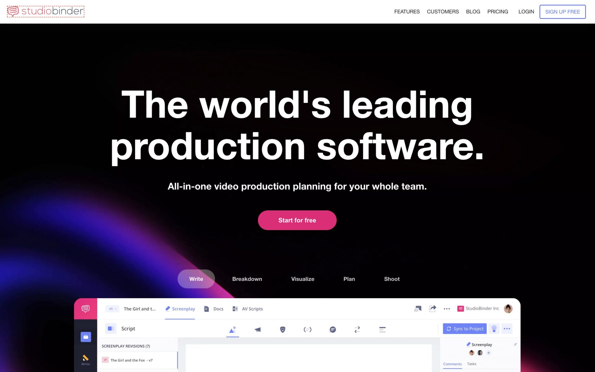 Screenshot der StudioBinder Website mit dem Slogan "The world's leading production software" und einer Vorschau der Software-Oberfläche für Drehbuchbearbeitung und Projektplanung.