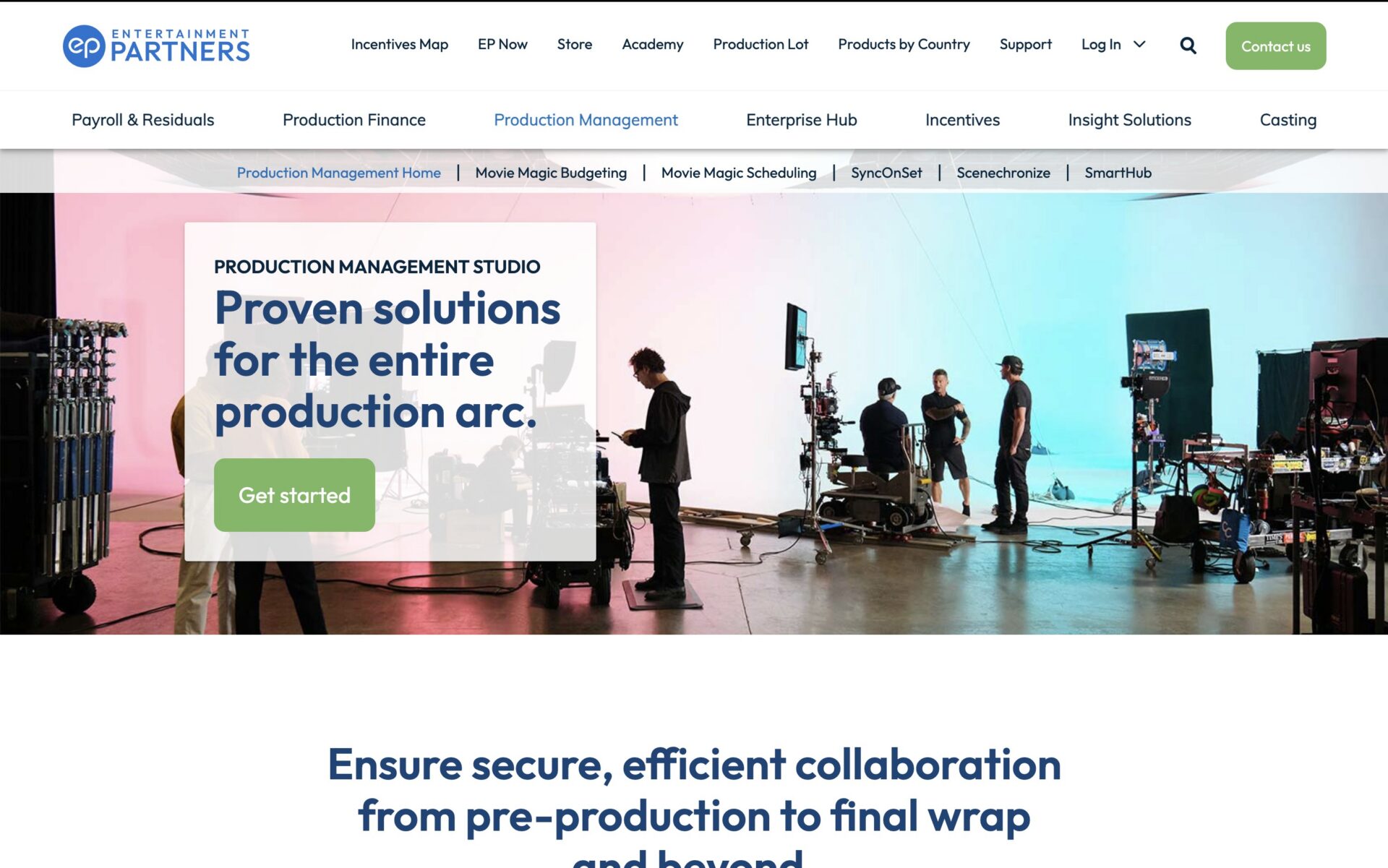 Screenshot der Entertainment-Partners-Website: Im Vordergrund ein Textblock „Proven solutions for the entire production arc“, im Hintergrund ein großes Filmset mit Kameras, Dolly und Crew vor farbig ausgeleuchtetem Studiohintergrund – Werbung für Movie Magic Scheduling und weitere Produktionsmanagement-Tools.