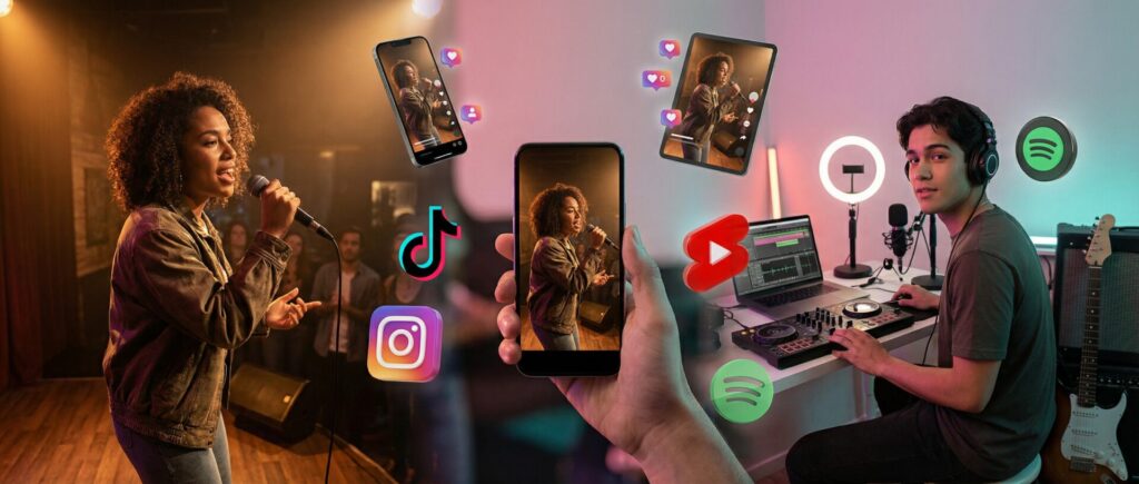 Eine Collage im realistischen Fotostil, die eine Sängerin auf einer Bühne, ein Smartphone bei der Aufnahme eines vertikalen Videos und einen Produzenten im Heimstudio zeigt, ergänzt durch schwebende 3D-Social-Media-Icons in Neonfarben.