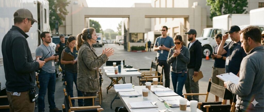 Filmaufnahme einer Aufnahmeleiterin, die ein Team von Crewmitgliedern vor einem Filmstudio im Freien briefet. Die Crew steht um einen Tisch mit Drehplänen und Kaffeebechern, während die Aufnahmeleiterin mit Headset und gestikulierend spricht.
