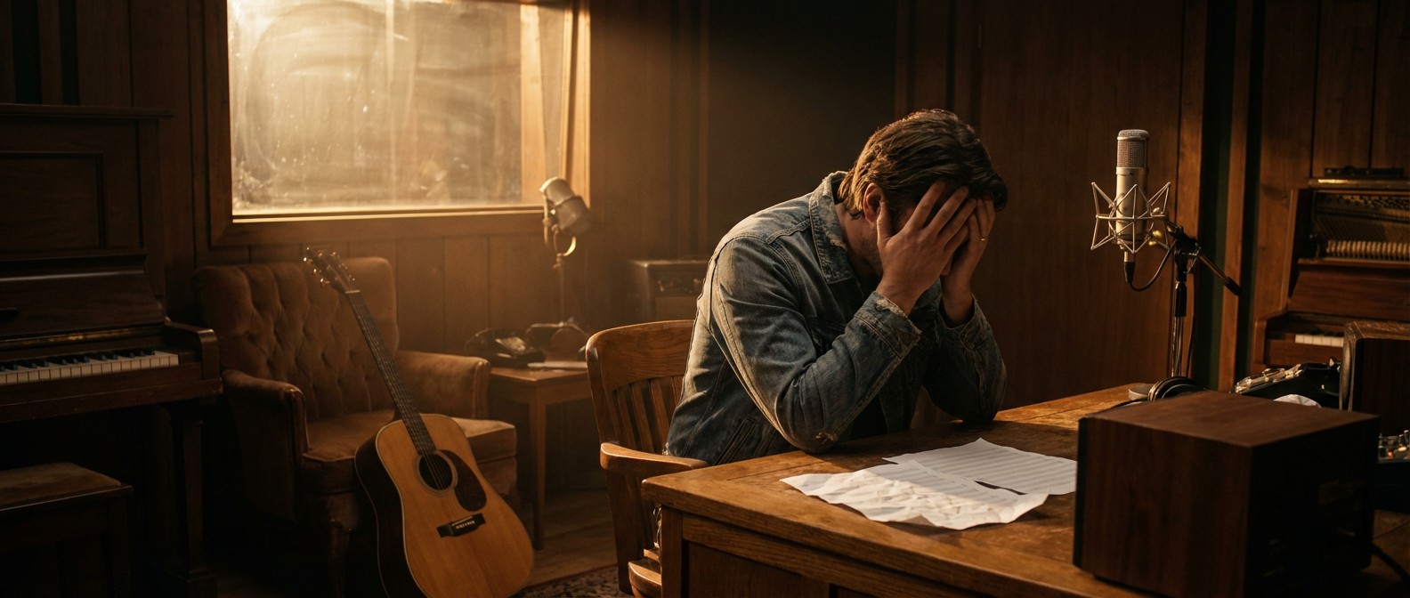 Erschöpfter Musiker mit kreativer Blockade sitzt in dunklem Tonstudio umgeben von Gitarre, Keyboard und Mikrofon vor leerem Notenblatt – Burnout bei Musikern