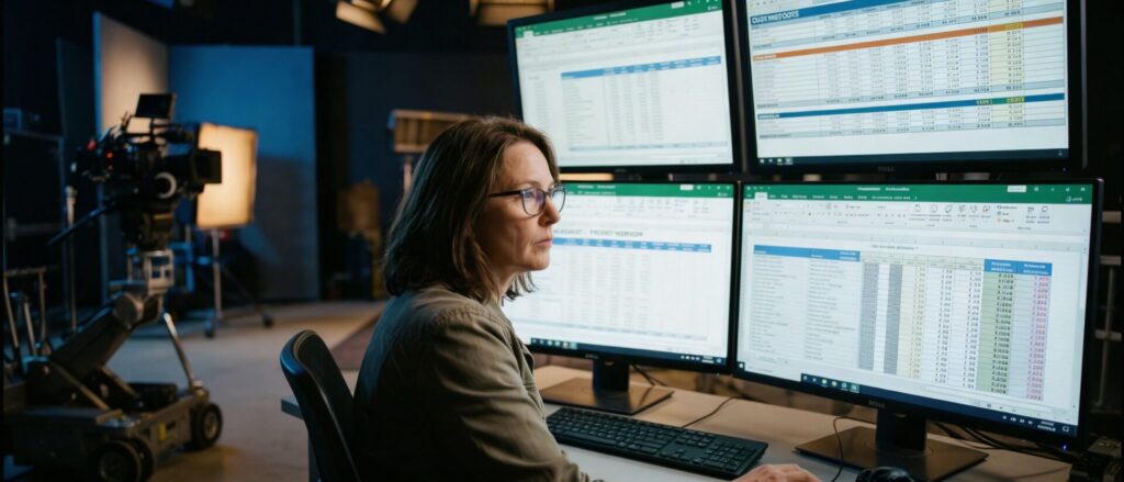 Produktionsleiterin sitzt vor mehreren Monitoren mit Filmkalkulation in Excel in einem professionellen Filmproduktionsstudio