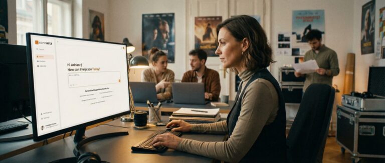 Eine fokussierte Produktionsleiterin sitzt in einem modernen Filmbüro vor einem Monitor, der das connactz-Interface mit einem KI-Chat-Assistenten zeigt. Im Hintergrund diskutieren zwei Kollegen an Laptops, ein weiterer steht mit Papieren an einer Wand mit Filmpostern.