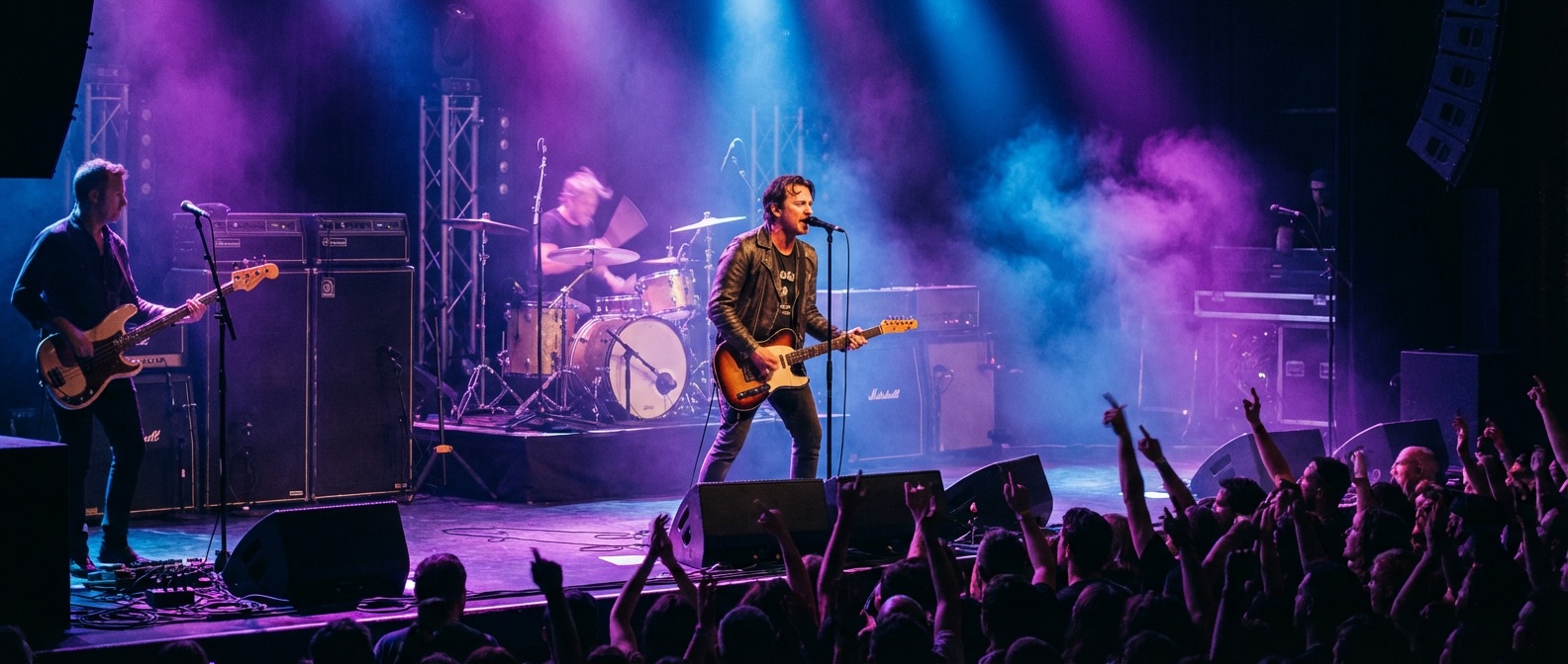 Live-Auftritt einer Band auf Bühne mit begeistertem Publikum, Bühnenbeleuchtung und Raucheffekten – Live-Performance 2026