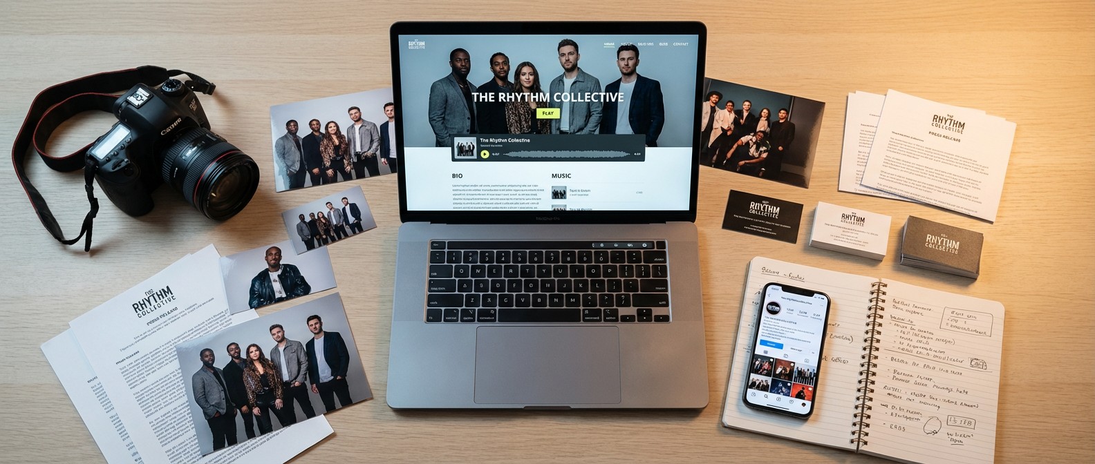 Digitales Musikerpresskit (EPK) auf Tablet mit Biografie, Musik-Player, Fotos, Videos und Auftritts-Liste