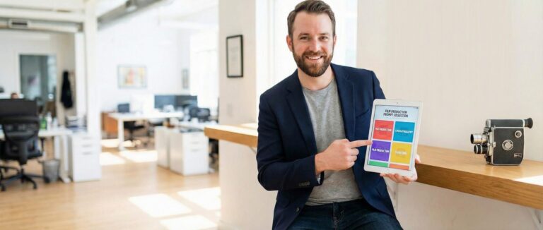 Ein fröhlicher Filmproduzent in einem hellen Büro hält ein iPad in die Kamera, auf dem eine App für "Film Production Prompt Collection" zu sehen ist. Er zeigt mit dem Finger auf die bunten Kategorien. Im Hintergrund steht eine Vintage-Filmkamera auf einem Holztisch.