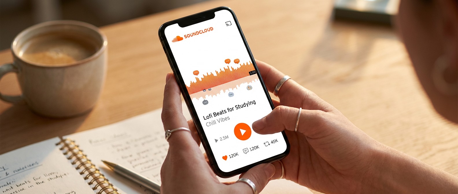 SoundCloud App auf Smartphone zeigt Waveforms, Kommentare und Engagement-Metriken – Mobile Musiknutzung und Community-Interaktion