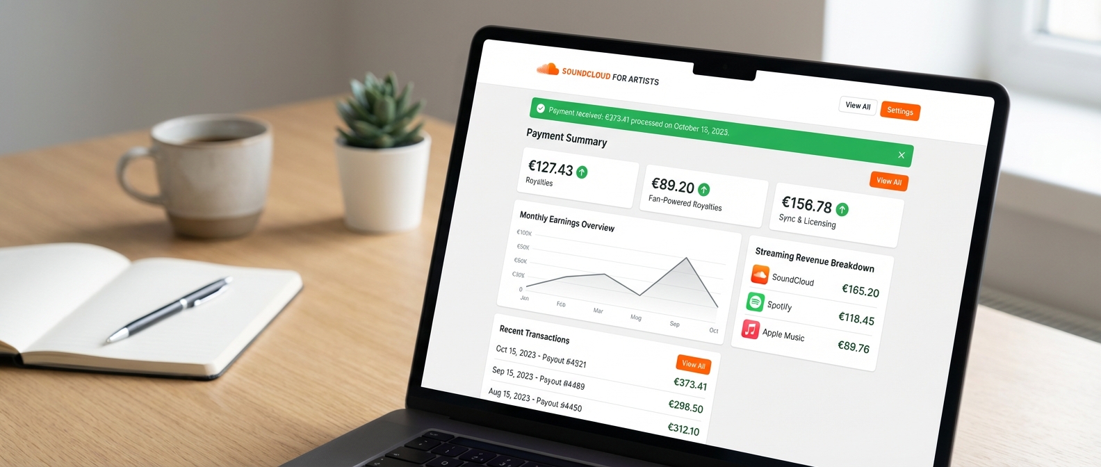 SoundCloud Artist Payment Dashboard zeigt Einnahmen-Übersicht mit Zahlungseingängen, Streaming-Revenue und monatlichen Umsätzen für Musiker