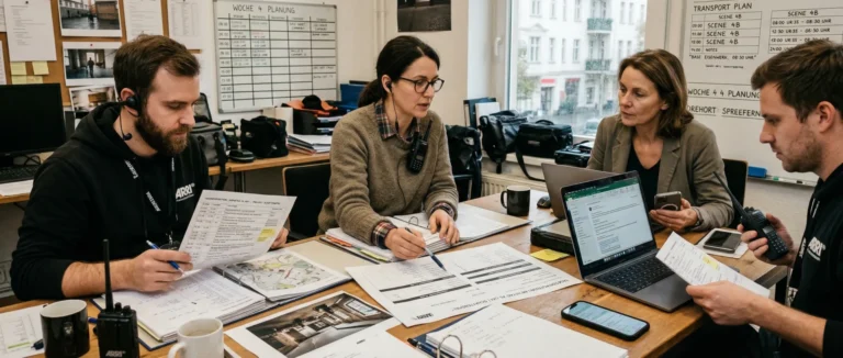 Filmproduktionsteam prüft in einer warmen Planungsszene ein aktualisiertes Call Sheet mit Zeiten, Orten und Teamabstimmung.