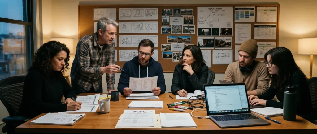 Filmproduktionsteam in einer redaktionell fotografierten Planungsszene mit Drehplan, Call Sheet, Laptop und visuellen Referenzen an der Wand.