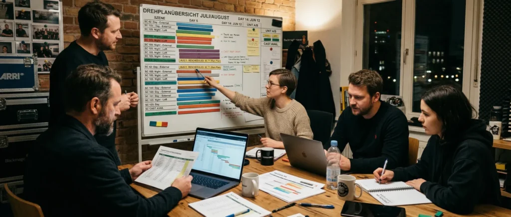 Filmproduktionsteam in einer warmen editorialen Planungsszene mit Drehplan, Magnettafel, Laptop und abgestimmter Teamarbeit.