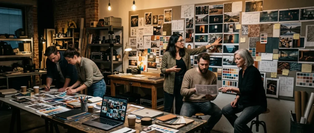 Kreativteam in der Filmvorproduktion mit großen Bildboards, Farbmustern und visuellen Referenzen in einem Studio-Setting.