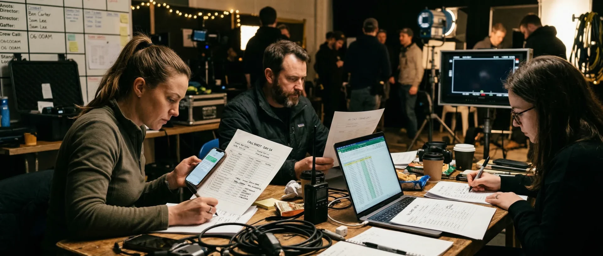 Produktionskoordination markiert geänderte Call Times auf ausgedruckten Unterlagen und stimmt sich mit dem Team ab.