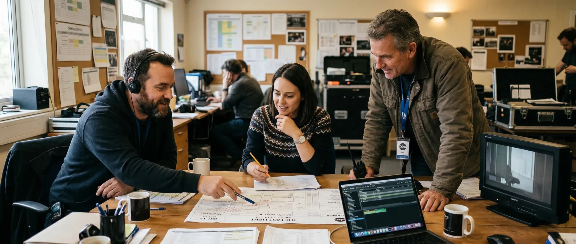 Mehrere Filmgewerke stimmen Informationen zu Transport, Kamera und Ablauf an einem Tisch mit Produktionsunterlagen ab.