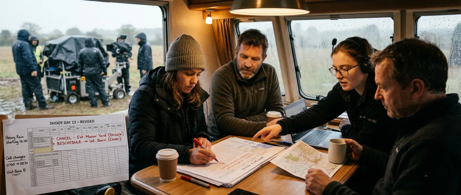 Filmproduktionsteam passt einen Drehtag wegen Wetter und verschobenem Ablauf neu an.