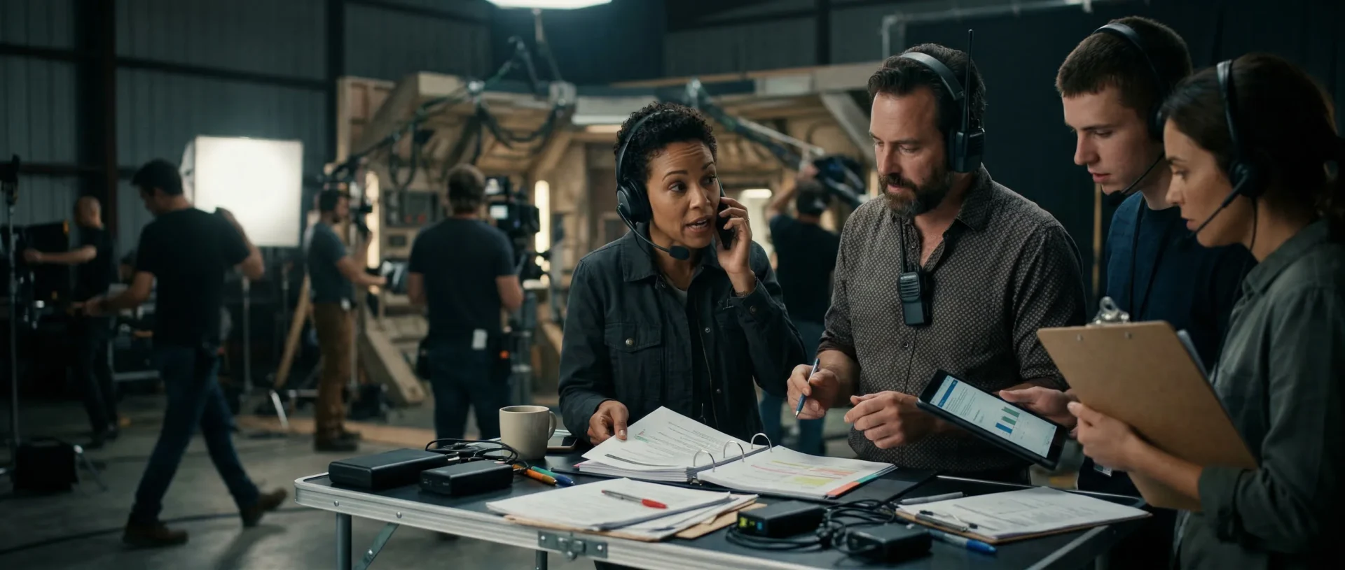 KI für Produktionskommunikation und Team-Koordination in Filmproduktionen 3 https://blog.connactz.com/wp-content/uploads/2026/03/01-header-team-coordination-film.webp Produktionsleitung stimmt Änderungen direkt im passenden Teamkontext mit mobilen Geräten und Unterlagen ab.