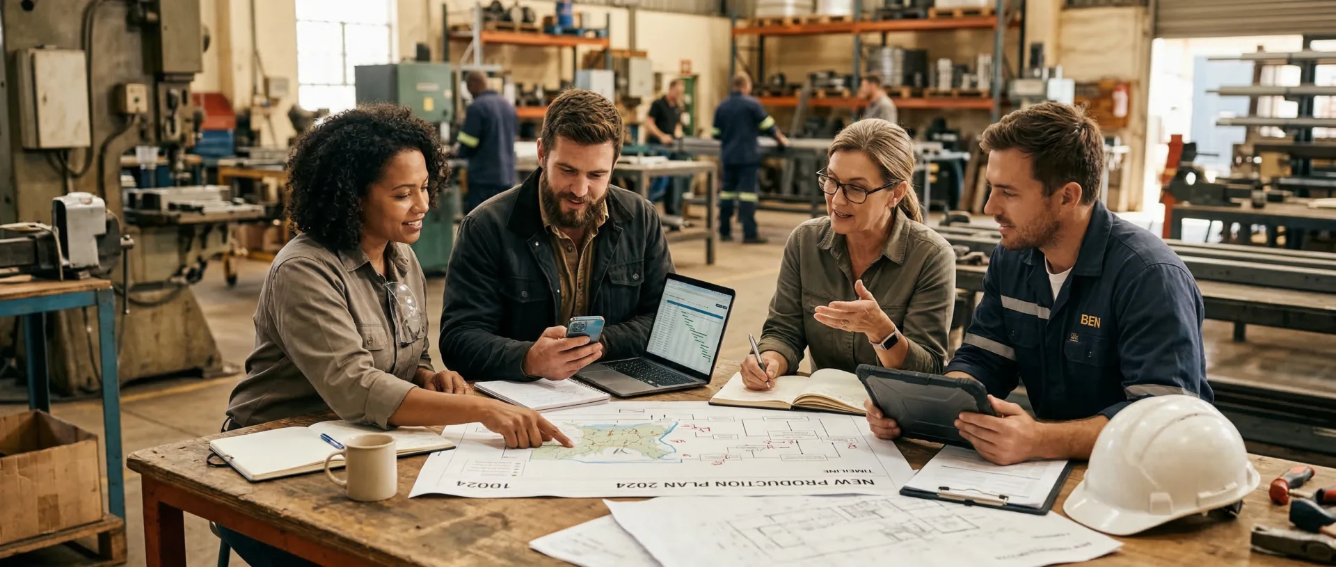 Produktionsleitung stimmt einen aktualisierten Plan mit Team-Kommunikation, Smartphone und Laptop ab.