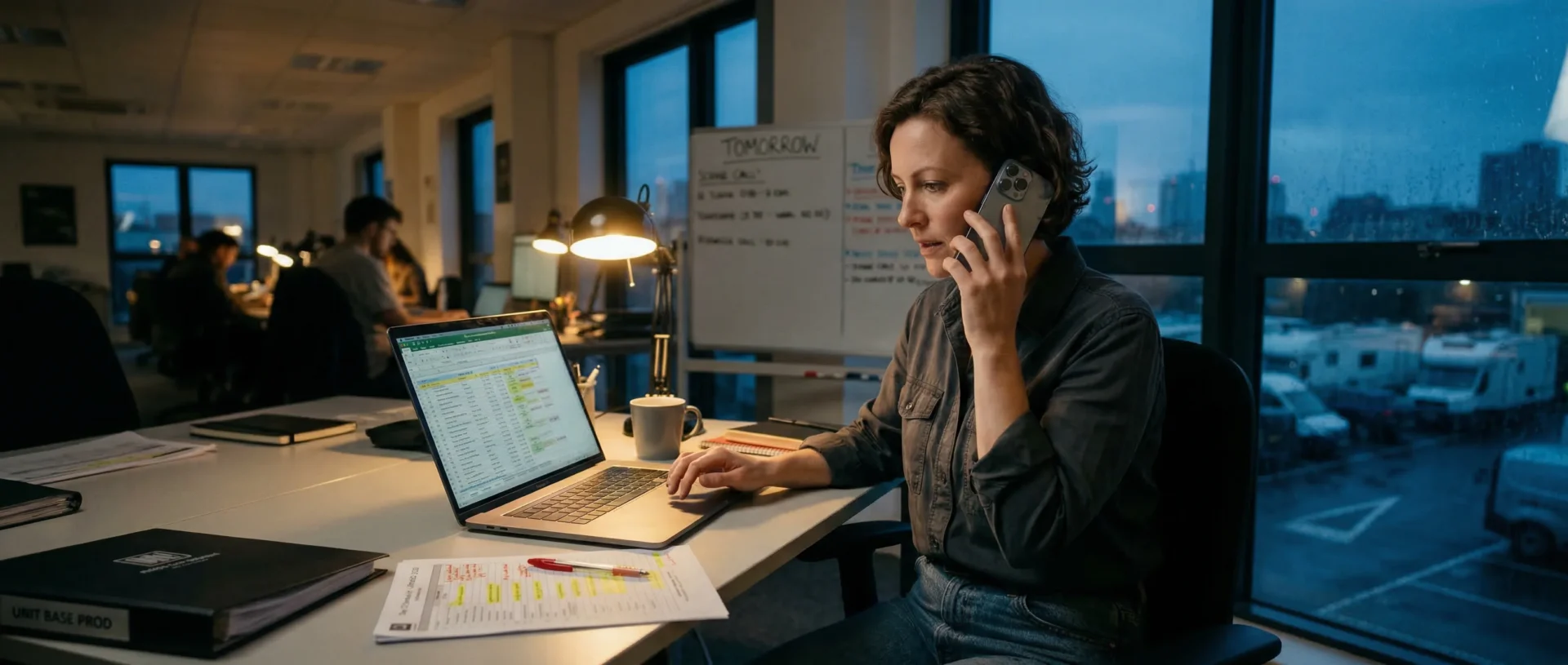 Produktionsleitung koordiniert am Abend mit Laptop, Smartphone und aktualisierter Dispo, um Rückfragen zum Drehtag zu vermeiden.