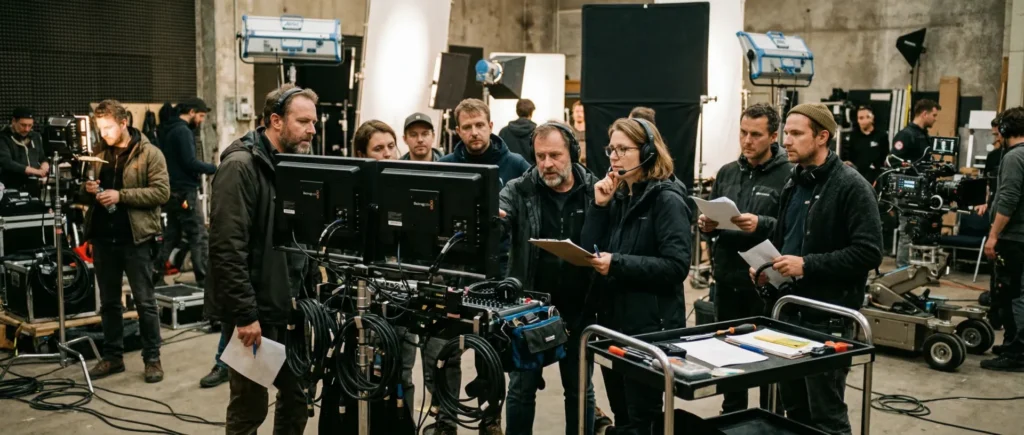 Filmset mit Video-Monitoren und Crew, die nach einer Planänderung den nächsten Aufbau abstimmt.