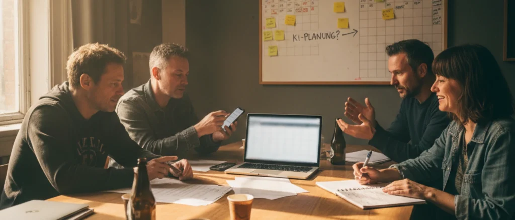 Band organisiert im Proberaum Booking-Anfragen, vergleicht Termine und bestätigt mit KI-Unterstützung den nächsten Gig.