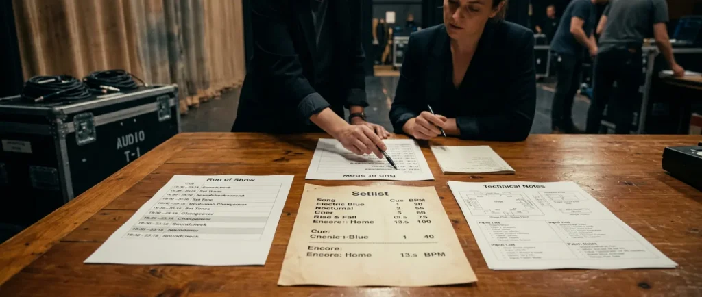 Band bereitet vor dem Gig gemeinsam einen Ablaufplan mit Zeiten, Rollen und Unterlagen vor.