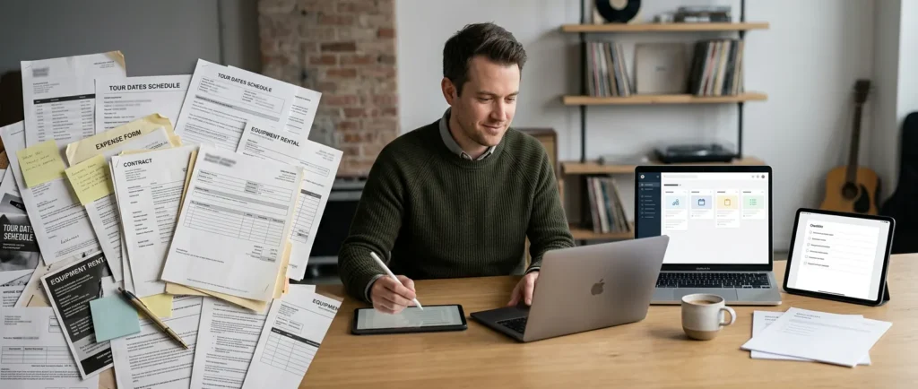 Bandmitglieder strukturieren wiederkehrende Orga-Aufgaben mit Laptop, Checklisten und ruhigem Workflow.