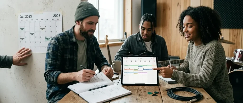 Band plant gemeinsame Termine und Verfügbarkeiten an einem Laptop mit Kalenderansicht.