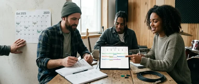Band plant gemeinsame Termine und Verfügbarkeiten an einem Laptop mit Kalenderansicht.