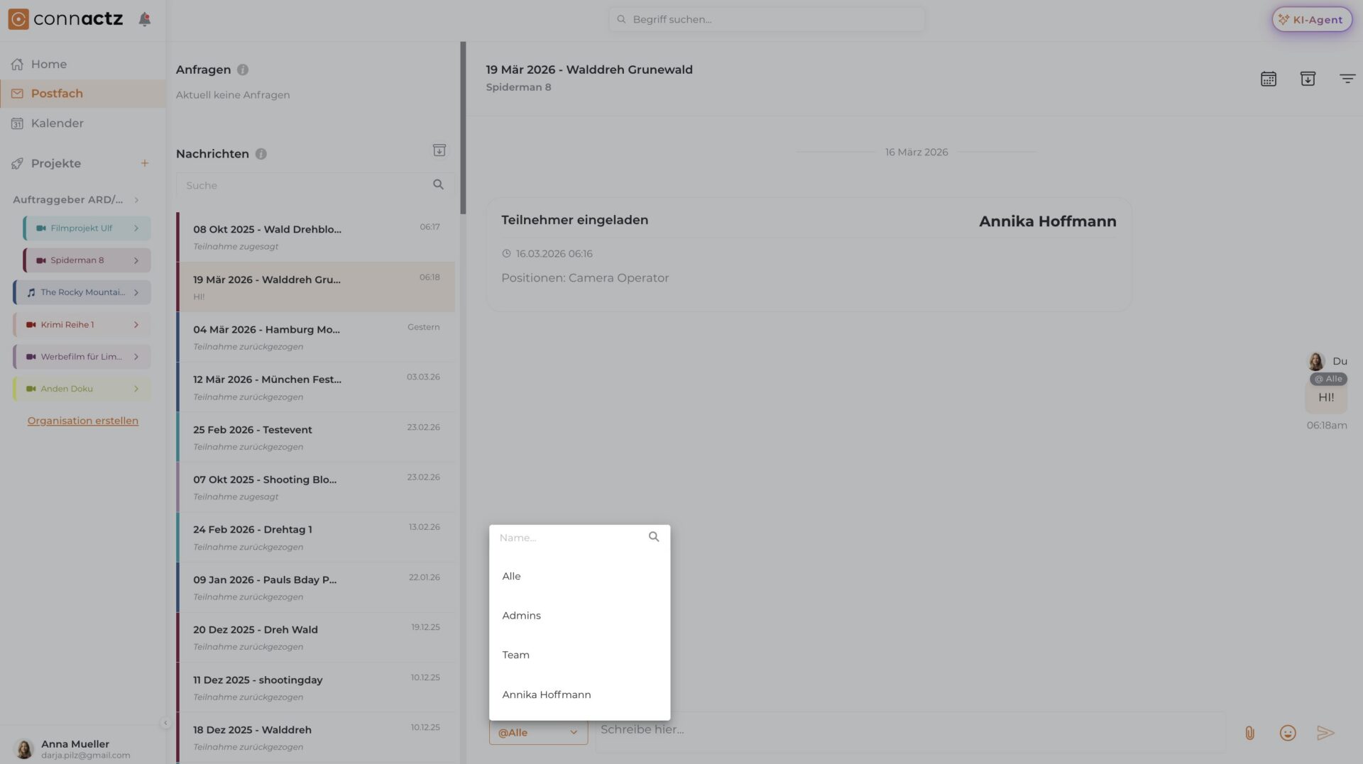 Screenshot des connactz KI Managers im Projektkontext mit projektbezogenen Informationen und Tools für Filmproduktionen.
