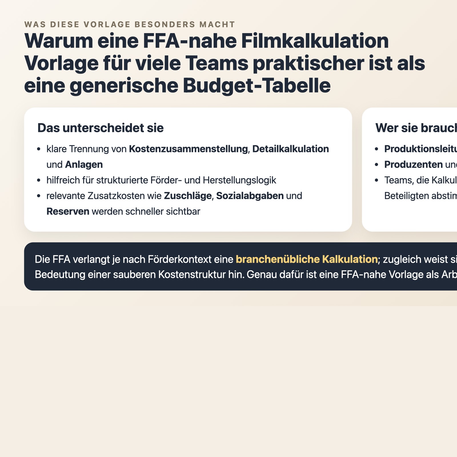 Infografik dazu, was die FFA-nahe Filmkalkulation Vorlage von generischen Budgettabellen unterscheidet und wer sie braucht