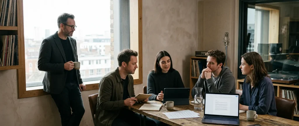 Band bespricht organisatorische Aufgaben und digitale Unterstützung mit Laptop und Unterlagen in ruhiger Arbeitsatmosphäre.