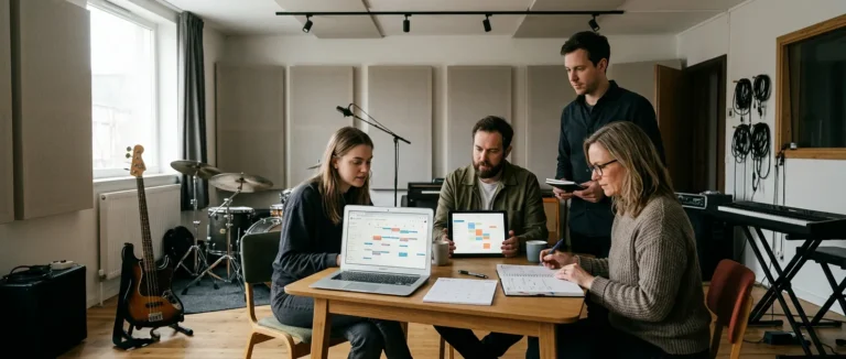 Band organisiert eine Probe gemeinsam an einem Tisch mit Kalender, Laptop und Notizen im Proberaum.