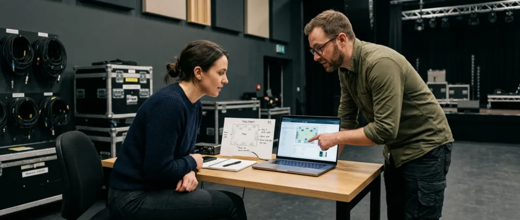 Musiker und Technikunterlagen liegen geordnet auf einem Tisch, während eine Band Gig-Dokumente gemeinsam prüft.
