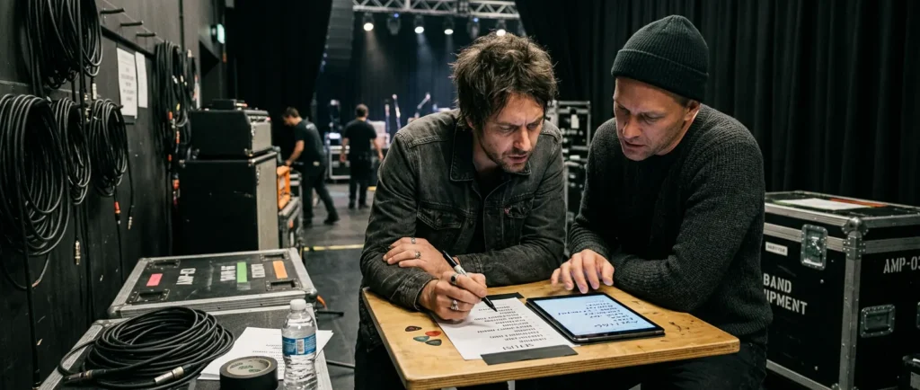 Band prüft kurz vor einem Auftritt eine aktualisierte Setlist gemeinsam auf Laptop und Papier.